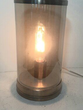 Large Irridescent Glass Burnished Brass Hurricane Chimney Lamp